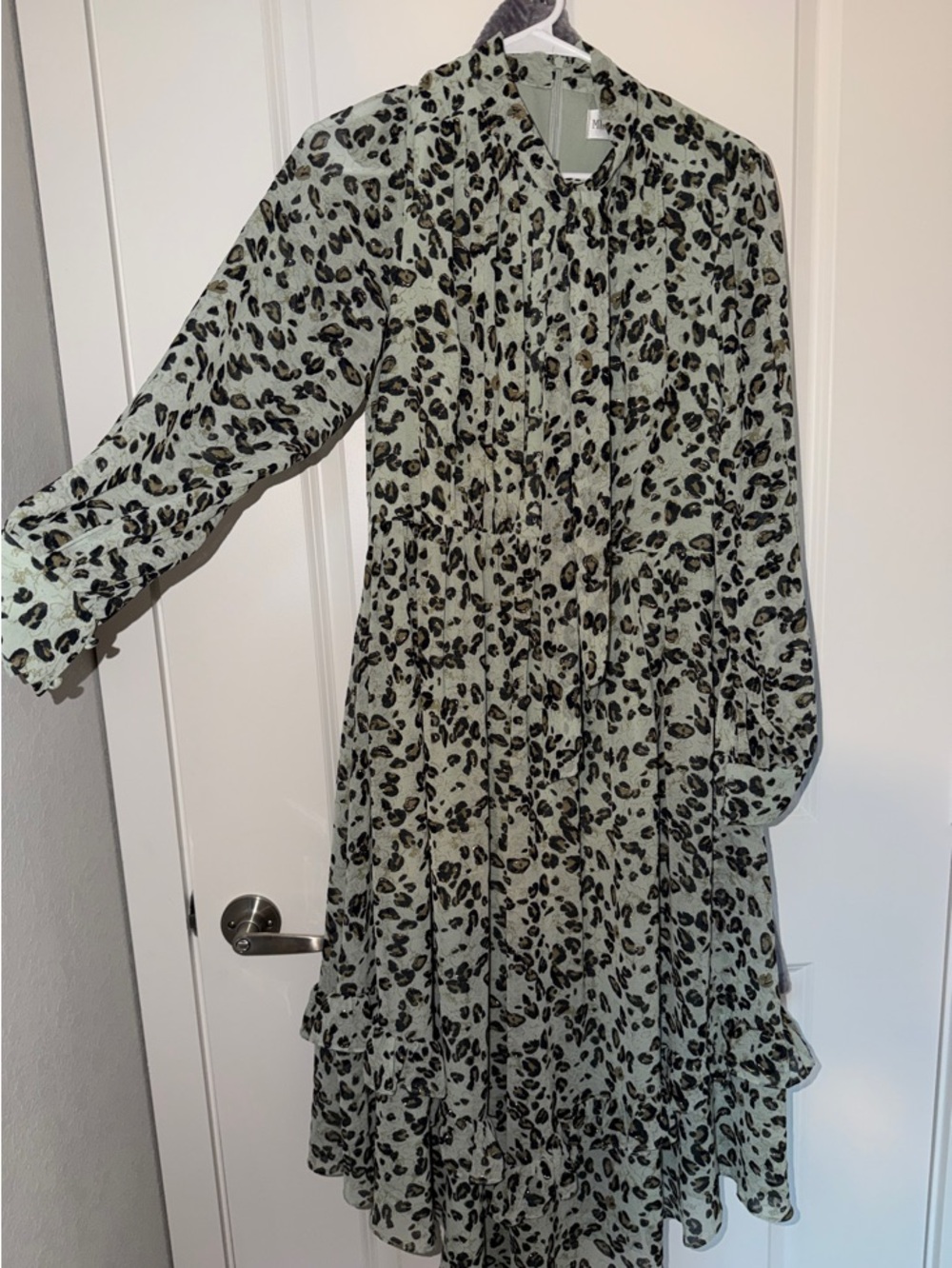 Light Sage Green Leopard Print Tiered Midi Dress